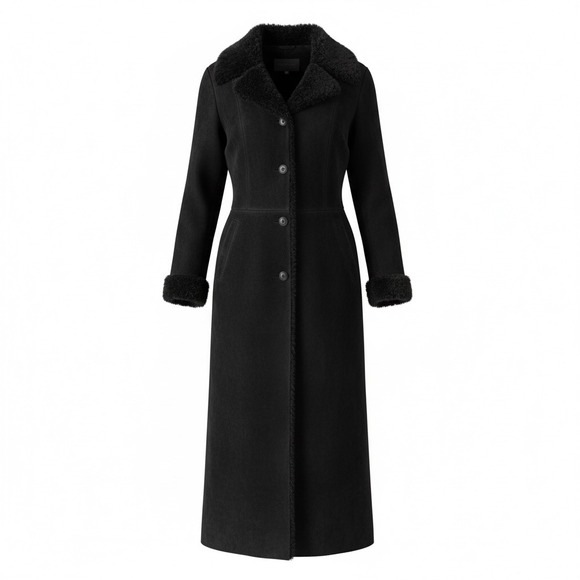 Express Black Faux Shearling Suede Leather Button-up Long Trench Coat Women's M